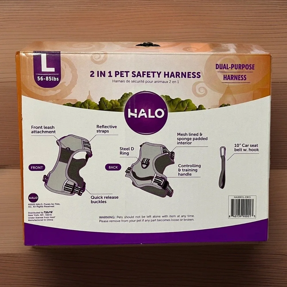 Halo 2 In 1 Pet Adjustable Safety Harness Restraint For Dogs Size Large 56-85lbs